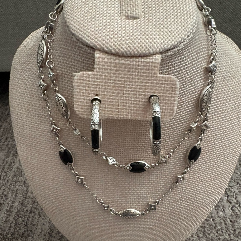 Brighton Silver and Black Onyx Necklace and Hoop Earrings Set